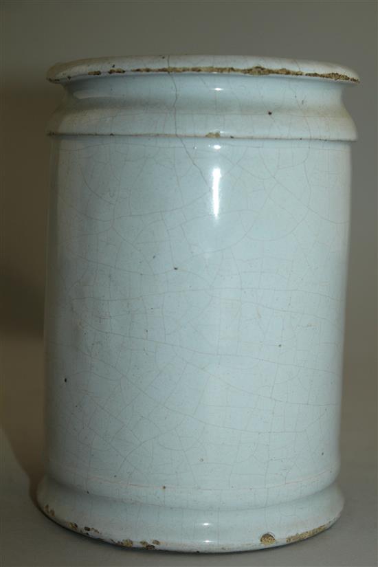 A Delft blue and white cylindrical wet drug jar, early 18th century, 15.5cm, some damage